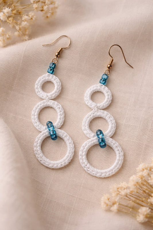 Crochet White earrings with teal beads